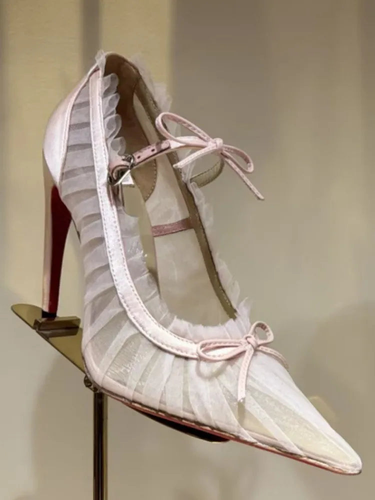 2026 Women's Summer Pointed Stiletto Lace Bow Sandals Fashion Fashion Show Party Wedding Ballet Women's High Heels