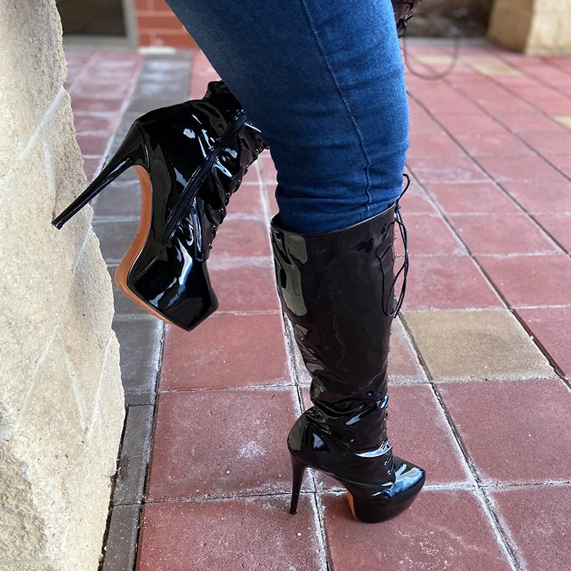 Onlymaker Women Platform Knee High Boots Zip Round Toe Stiletto High Heel Lace Up  Fashion Sexy Patent Leather Winter Boots