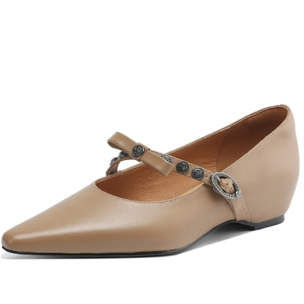 Handmade Genuine leather metal buckle sweet bowtie Mary Jane elegant ladies 3.5cm wedge med heeled shoes 34-41