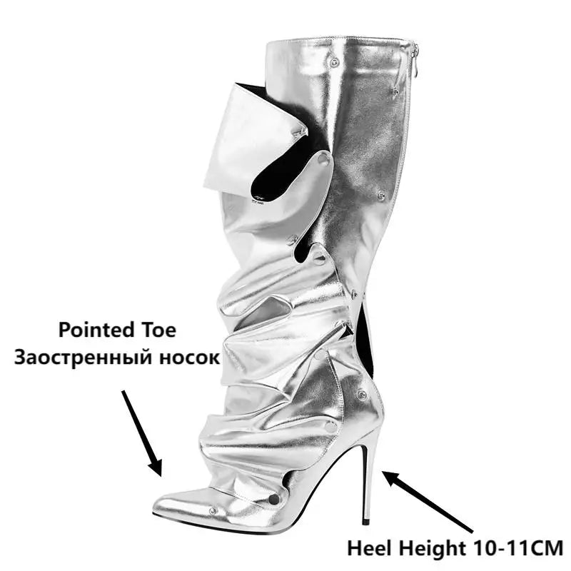 Onlymaker Women Pointed Toe Pleated Thin Heel Knee High Boots Back Zipper Fashion Buttons Stiletto Removable Boots