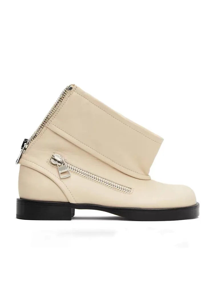 2025 Women's New Ankle Boot Design Zipper Low Heel Flat Bottom Women's Short Boots Motorcycle Boots Spring and Autumn