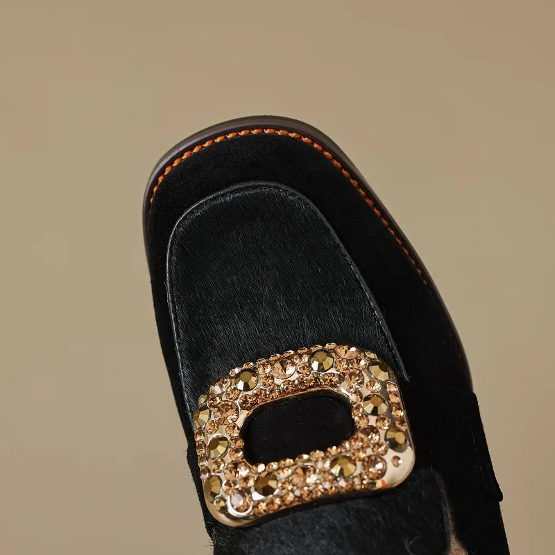 Square Crystal Buckle Women Casual Shoes Round Toe Low Heel Suede Leather Fashion and Comfort Loafers Warm Plush in