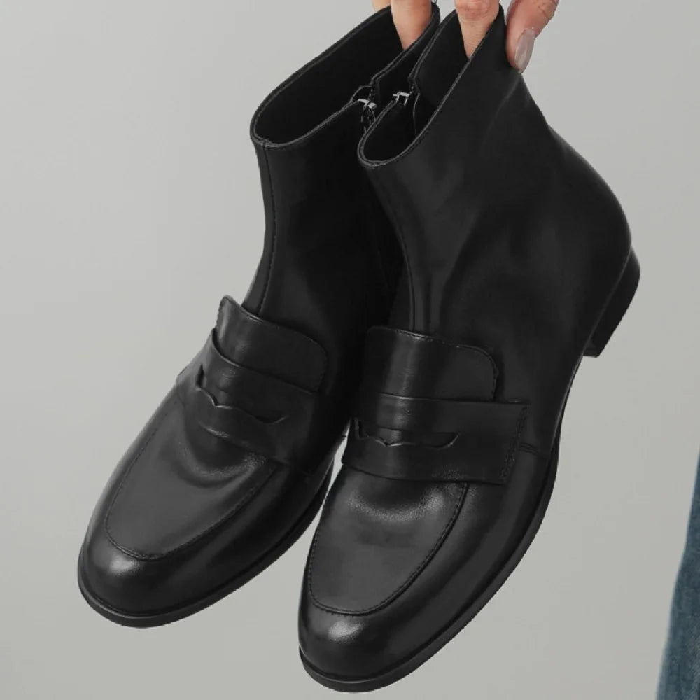 Women Handmade Genuine Leathee Round Toe Low Chunky Heel Full Soft and comfortable Zipper Ankle Boots 33-40