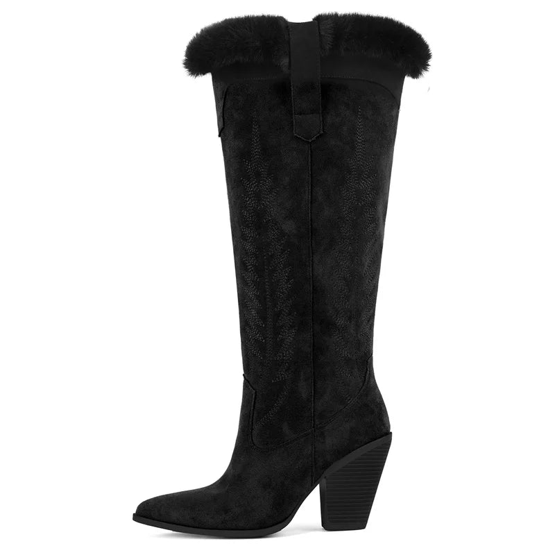 Onlymaker Women Pointed Toe Side Zipper  Retro Western Cowgirl Boots Fringed Chunky Heel Faux Fur Fashion Cowboy Boots