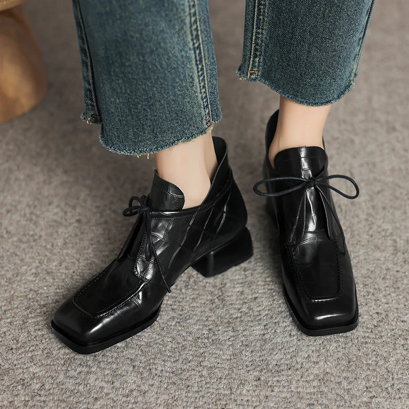 Women's Handmade Genuine Leather Shoes Medium Heel Comfort Retro Literature And Art Cross-tied Pumps Shoes 34-41