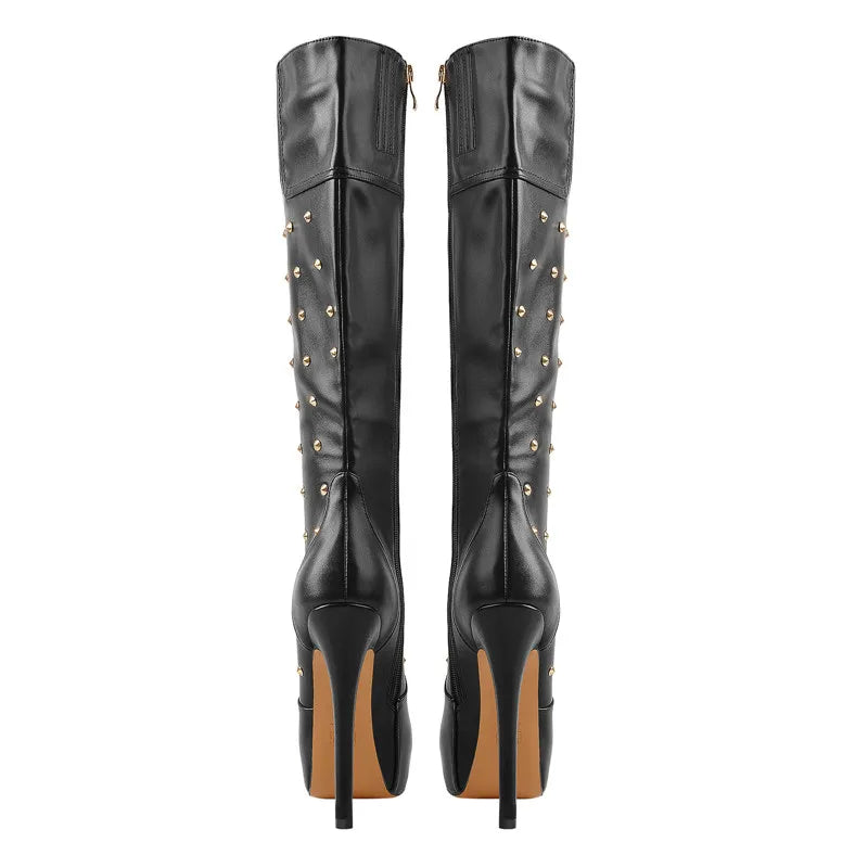 Onlymaker Women Platform Boots  Round Toe Stiletto Zipper Knee High High Heel Rivet Handmade Fashion Boots