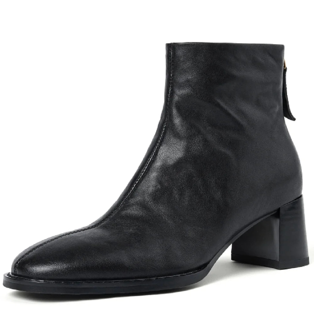 Handmade Genuine Leather Soft and comfortable Ankle Boots Women Booties Chunky Mid Heels Square Toe Shoes 34-40