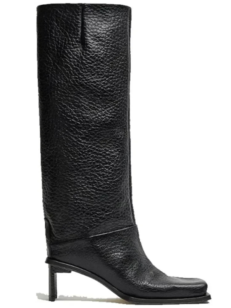 2026 New Fashionable Square Head High Heels Women's Knee Length Boots with Side Zipper Stone Pattern Women's Mid Length Boots