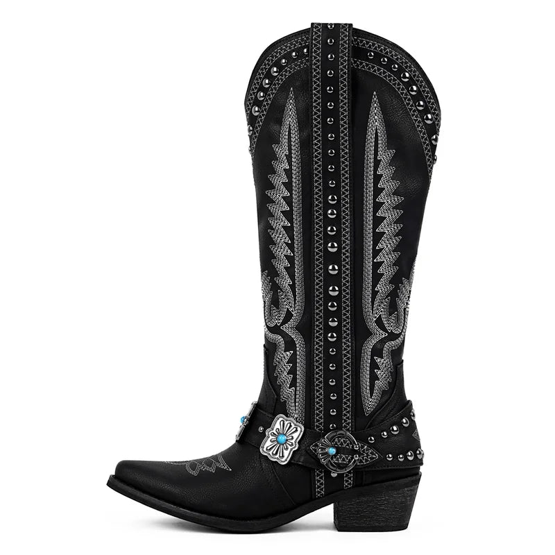 Onlymaker Women White Floral Western Embroidery Cowgirl Boots Pointed Toe Side Zipper Knee High with Chunky Heel  Boots