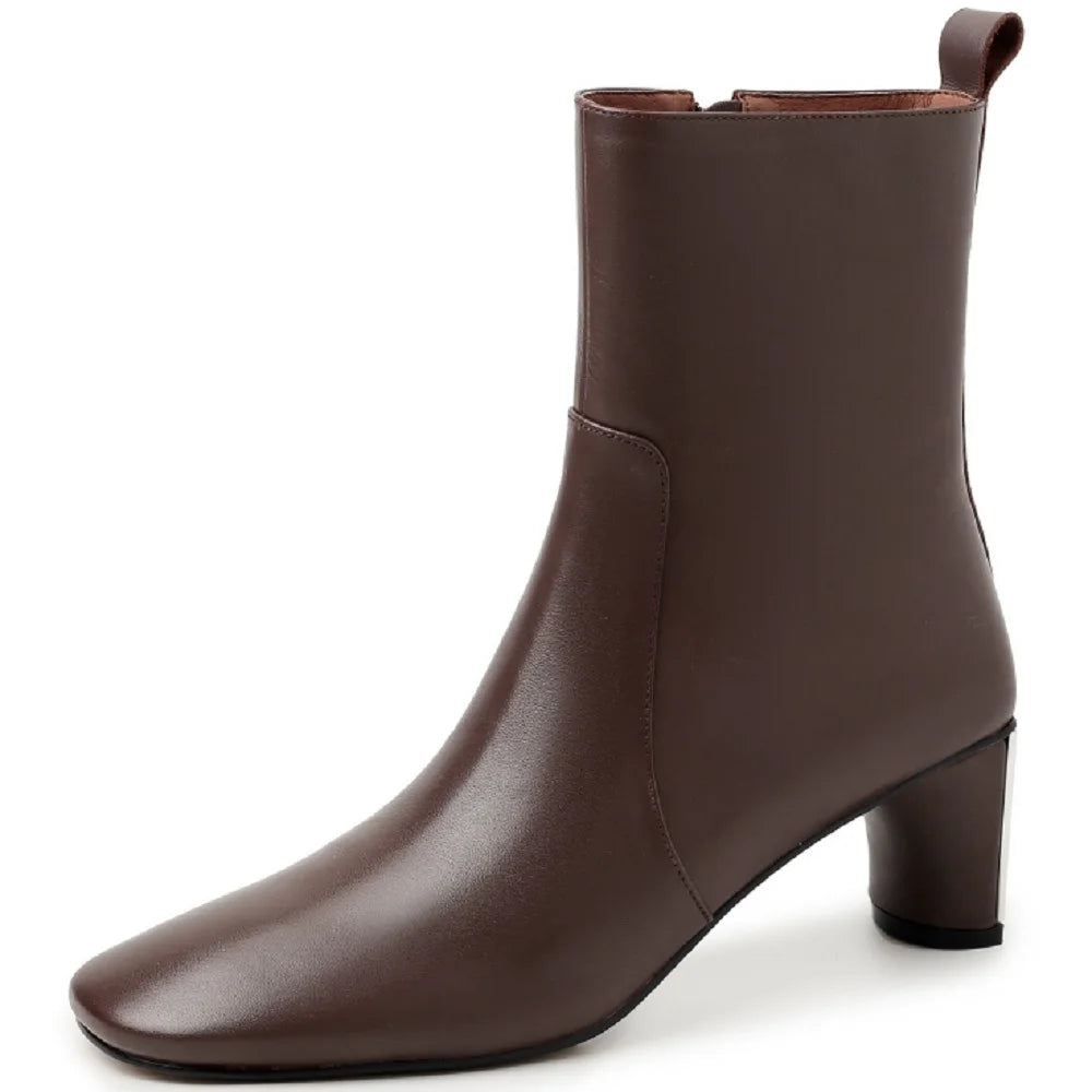 New Handmade Genuine Leather women's Round Toe Med Heels Ankle Boots For Party Dating Shoes Office Lady 33-40