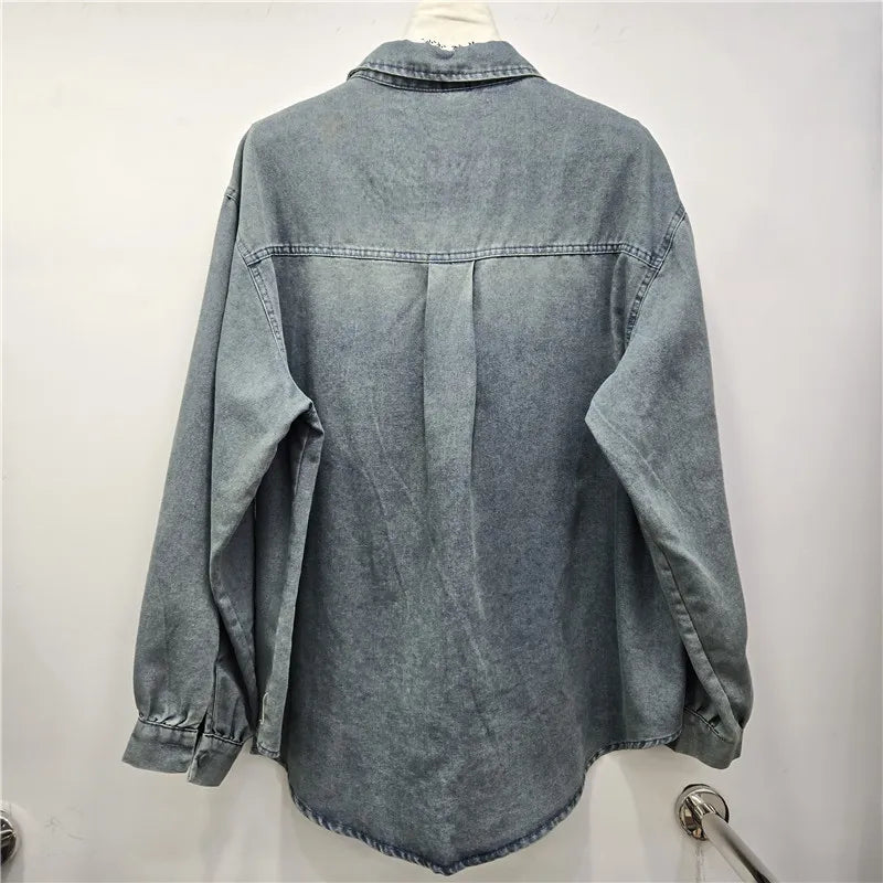 2026 Spring Fashion New Beading Embroidery Denim Shirt For Women Long Sleeve Loose Casual Blouse Female Trendy 11A08739