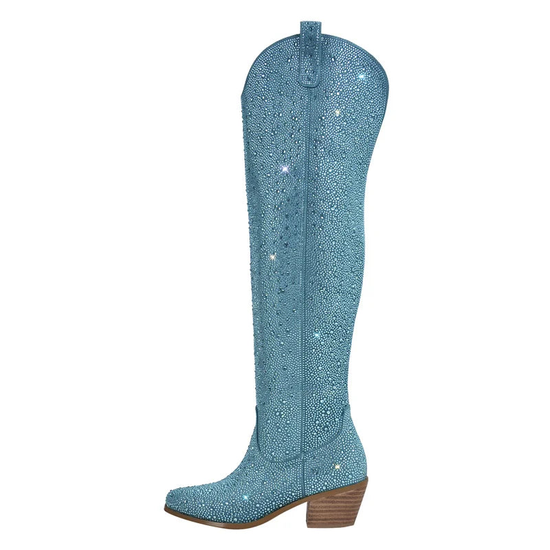 Onlymaker Women Pointed Toe Blue Rhinestone Over The Knee Boots  Chunky Heel Fashion Handmade Female Bling Boots