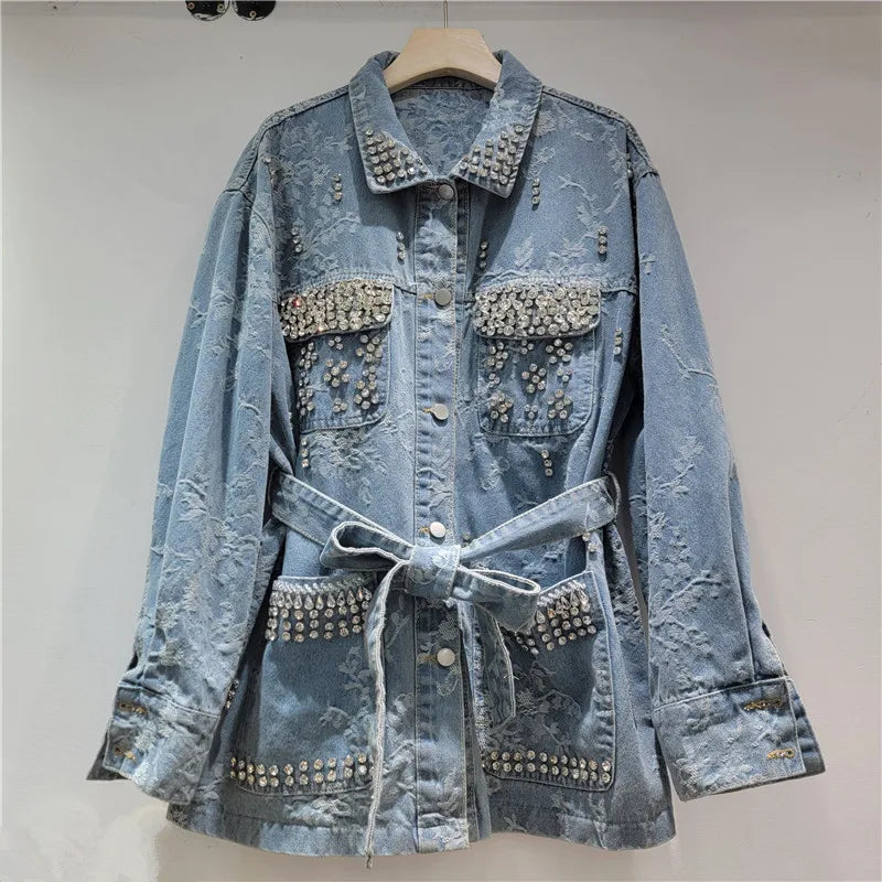 2026 Jeans Jacket Spring New Style Heavy Industry Diamond Design Jacquard Mid-Length Denim Jacket For Women With Belt Coat 11A08466