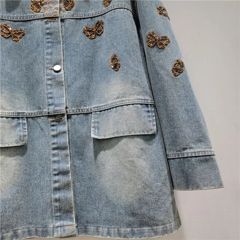2026 Jaens Jacket Spring New Heavy Beaded Butterfly Embroidery Denim Jacket For Women Loose Single-breasted Coat Female Trendy 11A08681