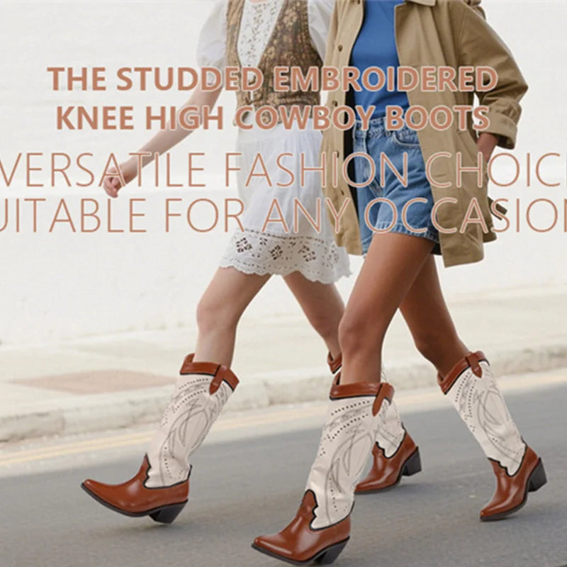 Onlymaker Women Pointed Toe  Embroidery Cowboy Boots Mid Calf  Western Cowgirl Boots