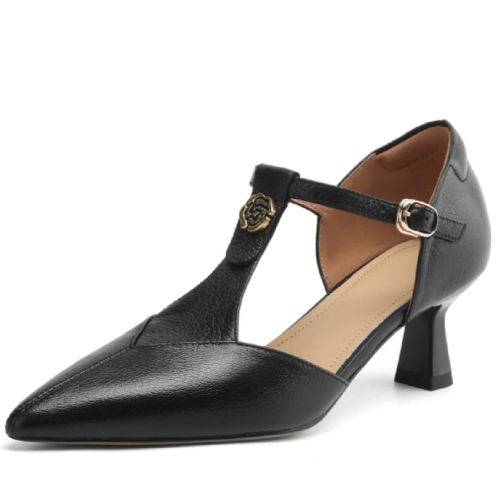 Handmade Genuine Leather Retro Sle with Buckle Design Hollow out Tea Flower Pattern Mid Heel Single Shoes 34-40