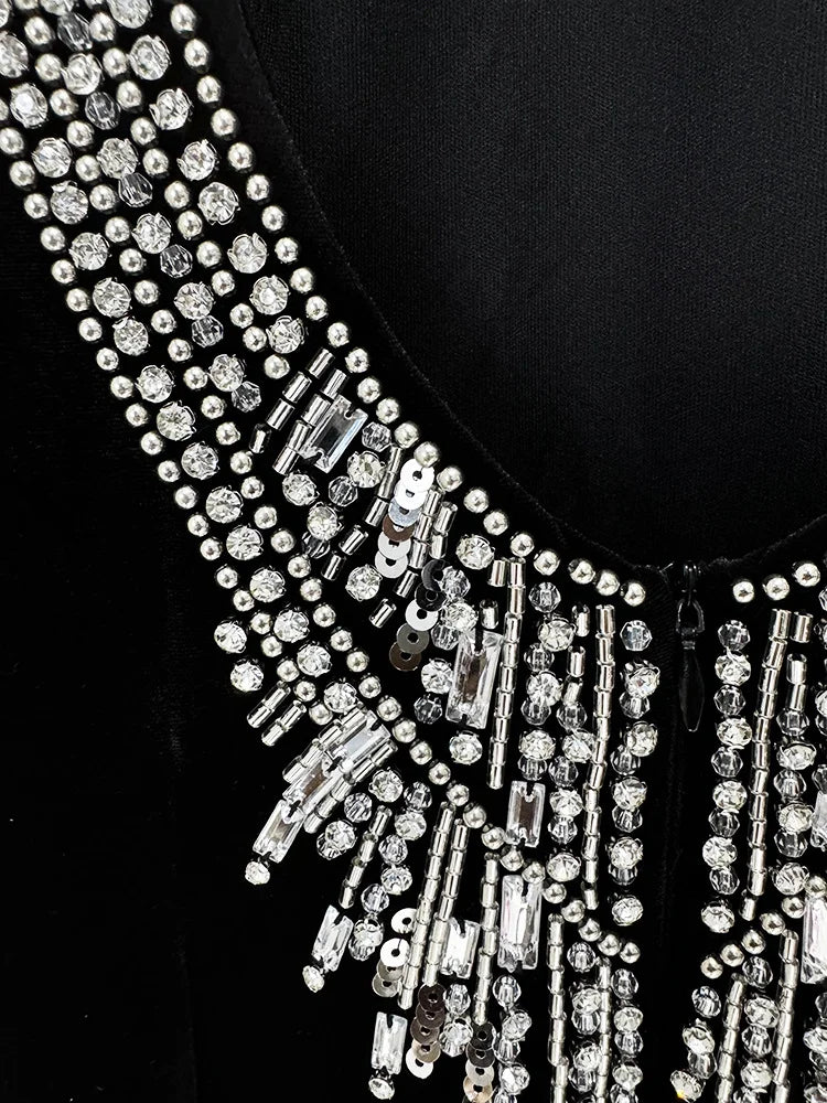 STREET Newest Fashion 2026 Designer Party Vestido Women's Diamonds Beading Sleeveless Sexy Backless Velvet Long Maxi Dress