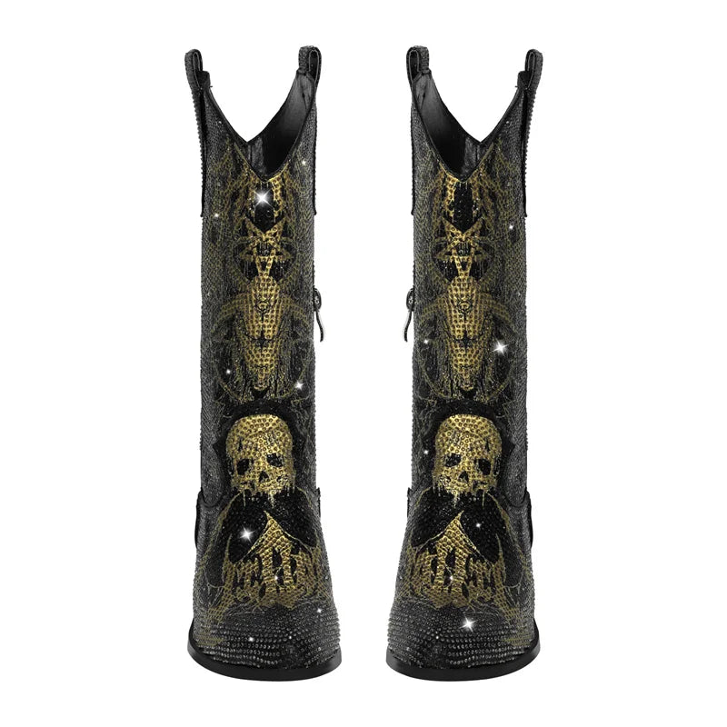 Women Rhinestone Handmade Mid-calf Western Boots