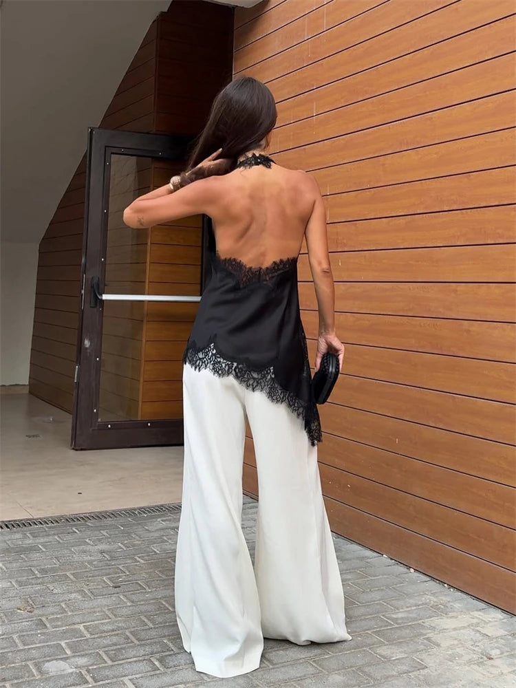 Black Lace Sexy Tank Top For Women Patchwork Backless Slim Summer 2026 New Solid V-Neck Cropped Top Female Halter Top Vest