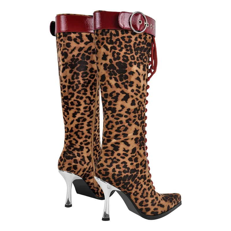 Women Pointed Toe Leopard Buckle Detail Knee High Boots  Stiletto Sexy  Kitten Heels Side Zipper Winter Boots