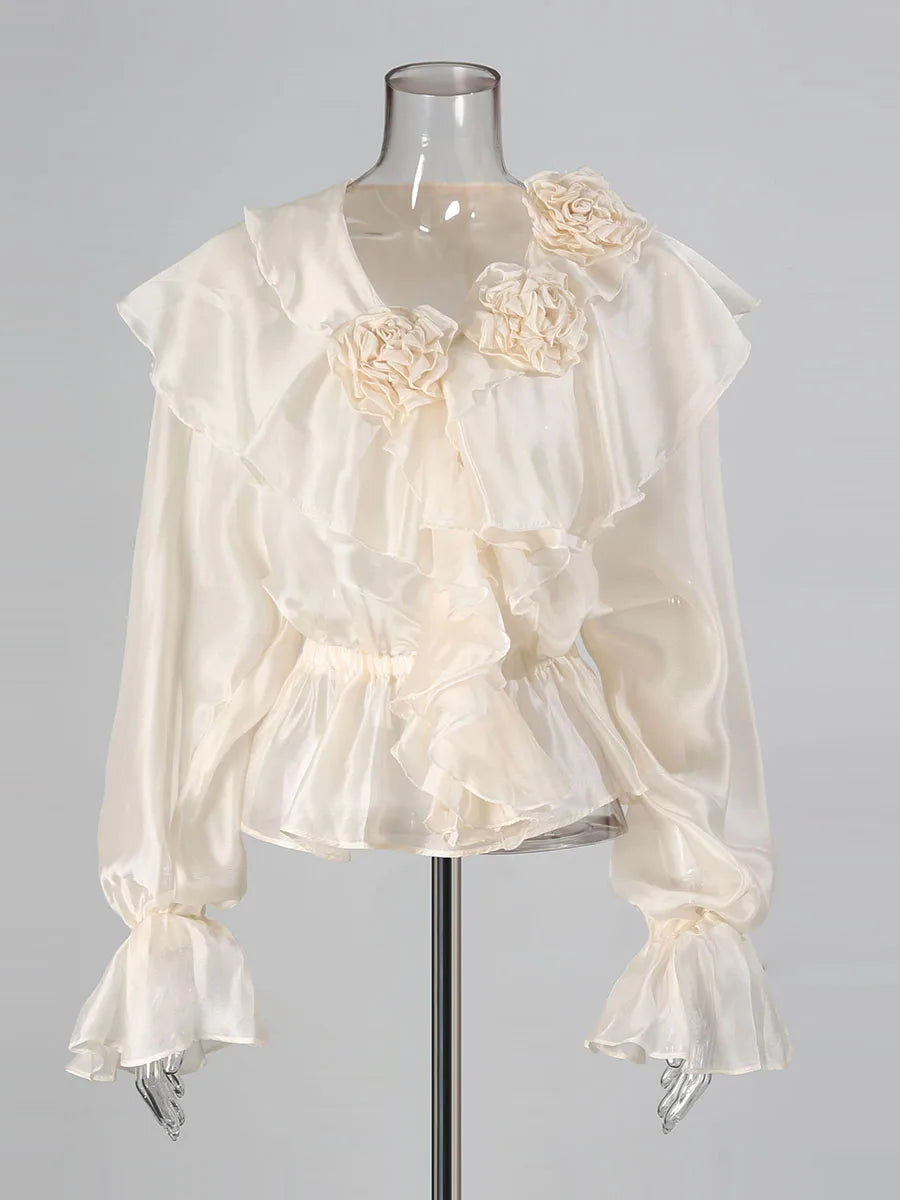 Solid Loose Spliced Fungus Folds Blouses for Women V Neck Long Sleeves Elastic Waist Casual Blouse Female Clothing