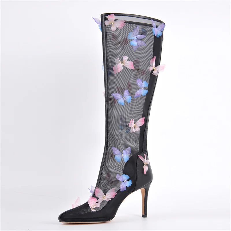Onlymaker Women  Pointed Toe Butterfly Air Mesh  The Knee High Boots Zipper Sexy Sweet Thin High Heel Wedding Boots
