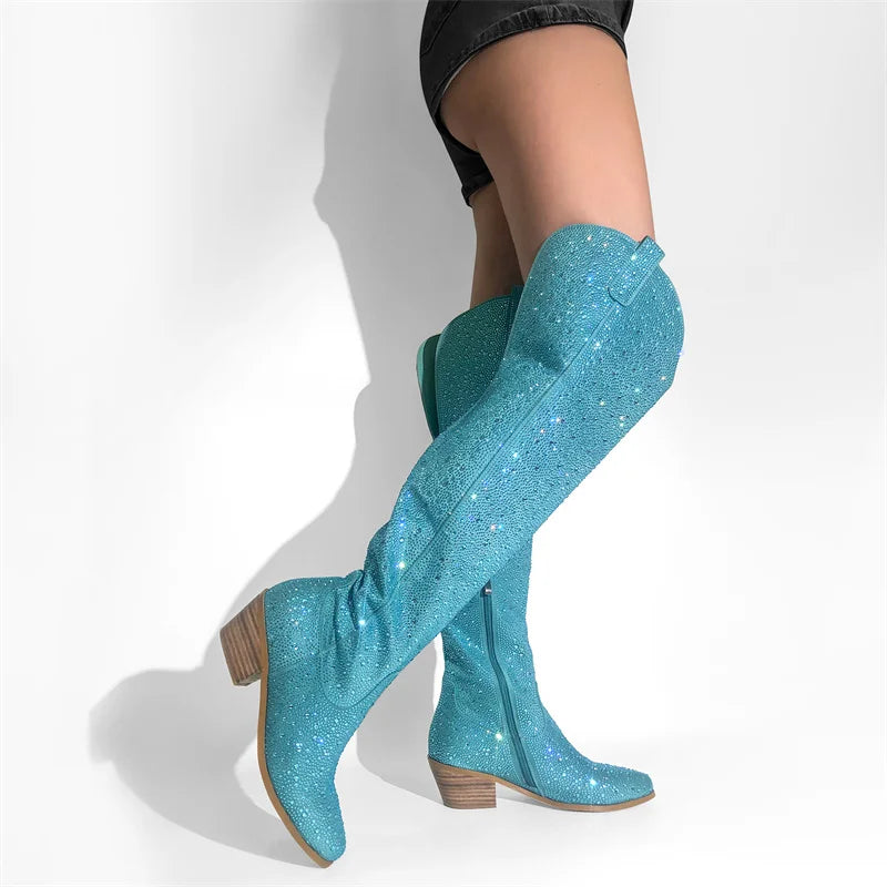 Onlymaker Women Pointed Toe Blue Rhinestone Over The Knee Boots  Chunky Heel Fashion Handmade Female Bling Boots