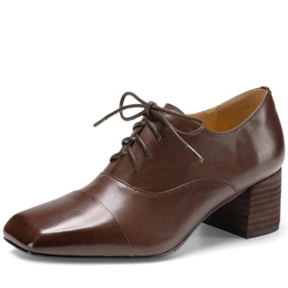 Womens Handmade Genuine Leather Soft comfortable Dress Work Basic Style Shoes Lace-Up Mid Heels Square Toe 34-40