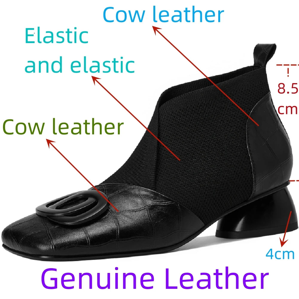 Handmade Brand Genuine Leather Women Ankle Boots Mid Heels Square toe Autumn Winter Dress Party Lady 34-43
