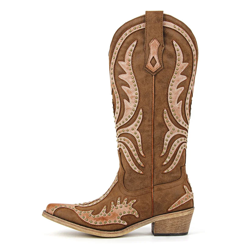 Onlymaker Women White Floral Western Embroidery Cowgirl Boots Pointed Toe Side Zipper Knee High with Chunky Heel  Boots