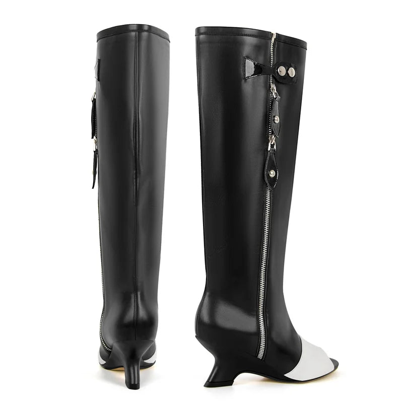 Onlymaker Women  Peep Toe  Matte Shaped Heel Knee High Boots  Fashion Kitten Heel  Female Boots