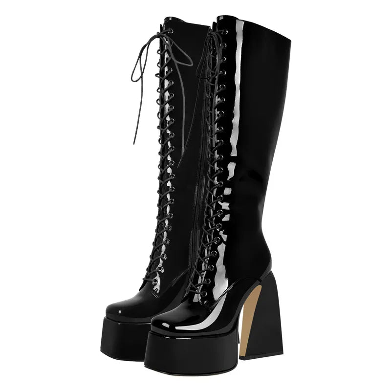 Onlymaker Women Square Toe Platform Zip Chunky Heel Knee High Patent Leather Lace Up Lady Black Boots