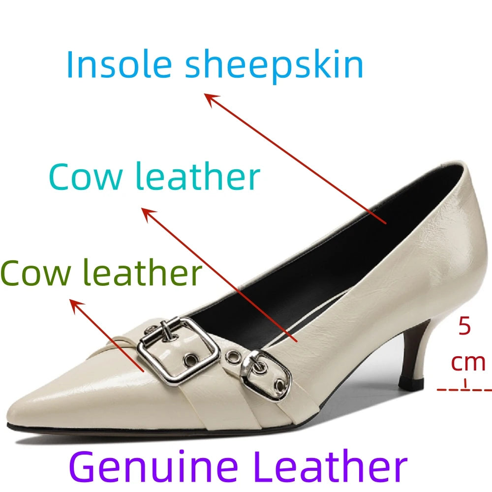 Handmade Genuine Leather Mid Heels Women Shoe Footwear Pointed Toe Party Ladies Shoes Buckle Strap Female Pump