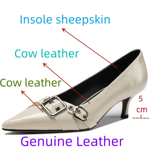 Handmade Genuine Leather Mid Heels Women Shoe Footwear Pointed Toe Party Ladies Shoes Buckle Strap Female Pump