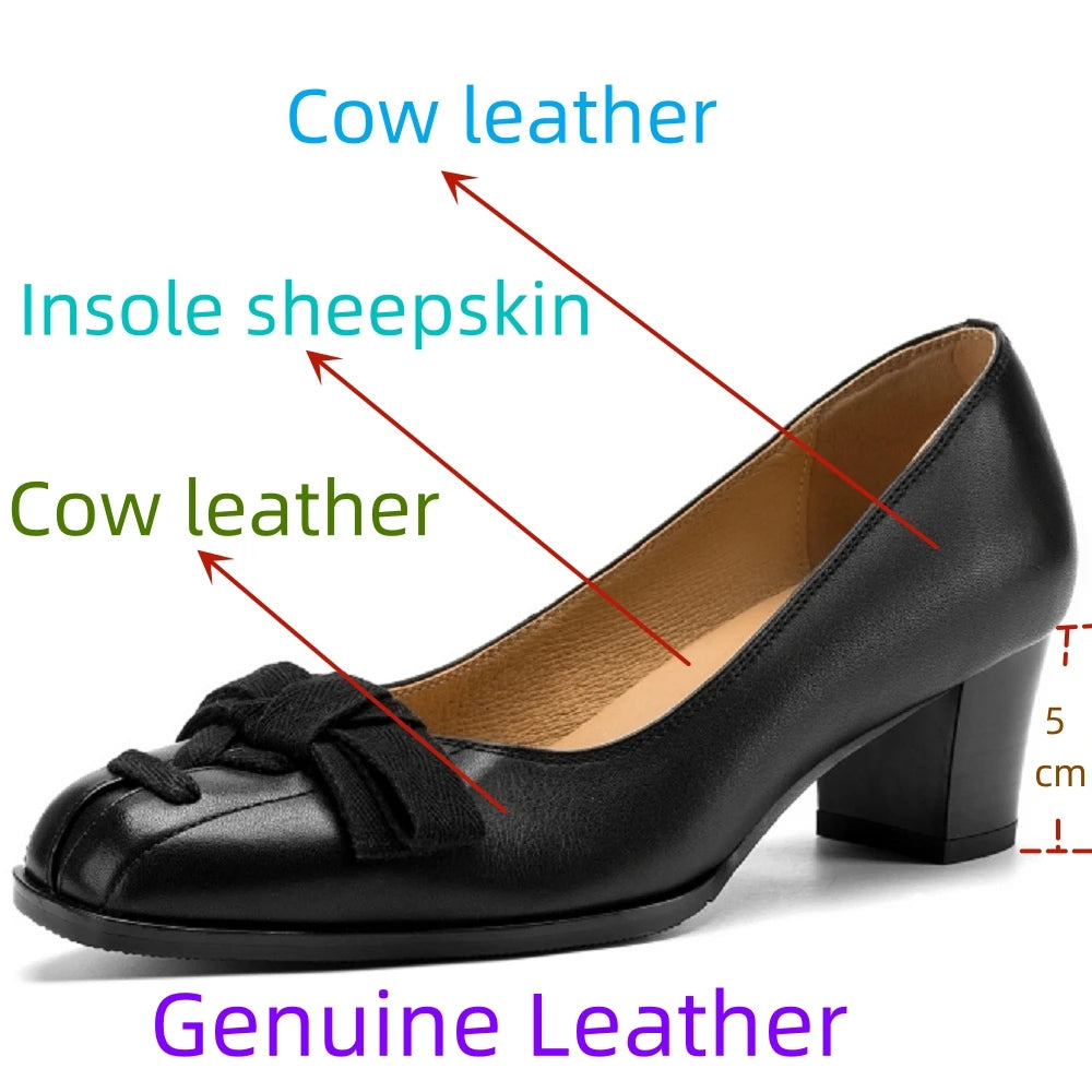 Handmade Genuine Leather Square Toe Mid Heels Butterfly-knot Retro Fashion Breathable Cozy Women Pumps 34-40
