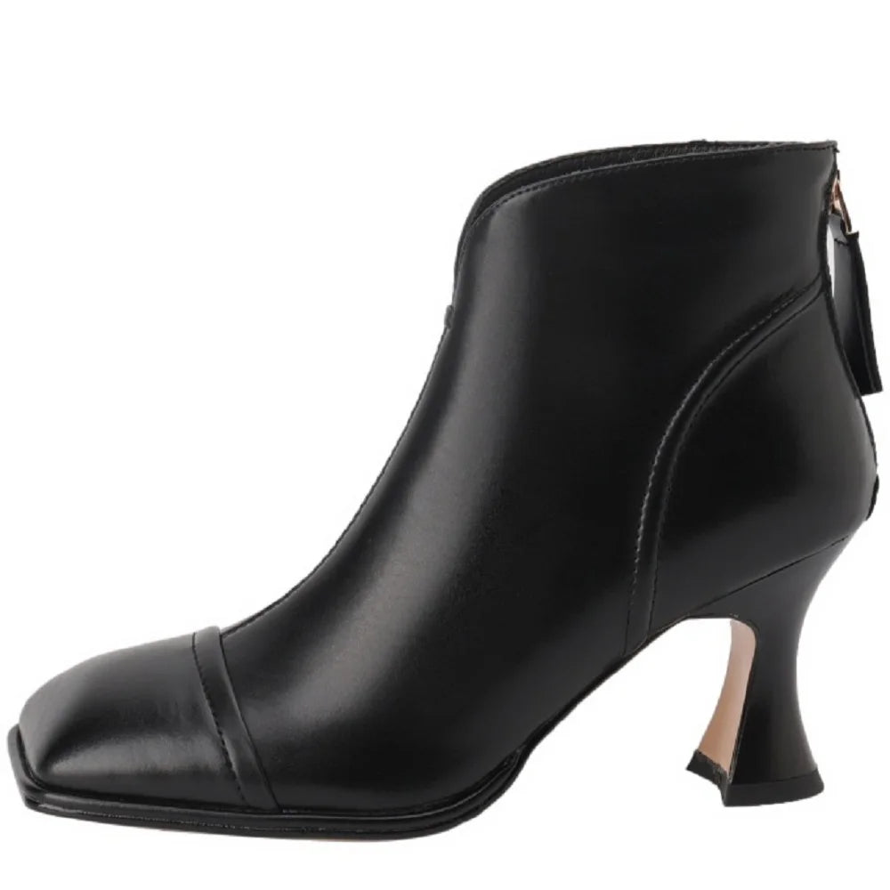 New Women's Handmade Genuine Leather High Heel Short Boots Square Toe Bootie Autumn Winter Fashionable Versatile