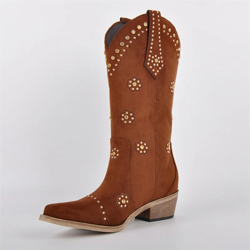 Onlymaker Women Pointed Toe Fringe Pull On Retro Western Cowgirl Boots Fringed Chunky Heel Cowboy Boots