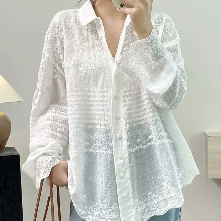 Cotton Floral Embroidery Long Sleeve Loose Tunic Shirt Vintage Retro Chic Rococo Victorian Edwardian Classy Youth Blouse Smock