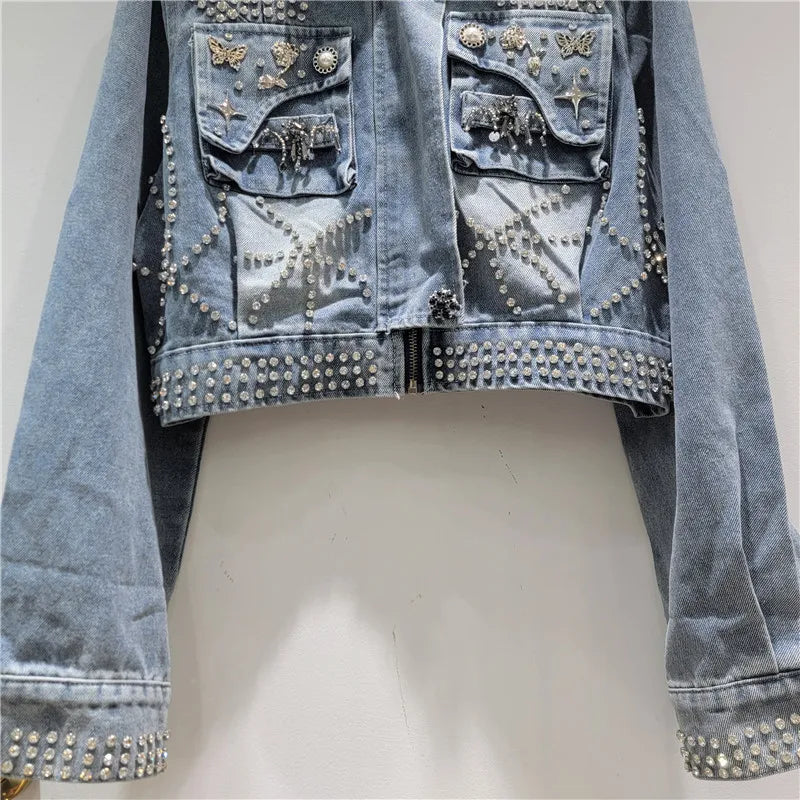 2026 Jeans Jacket Spring New Fashion Beaded Decorative Denim Jacket For Women Loose Versatile Short Long Sleeve Coat Female 11A08644
