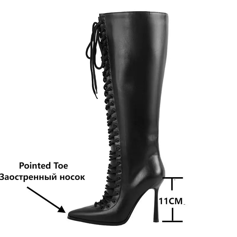 Onlymaker Pointed Toe Lace Up Faux Leather Knee-high Boots Thin Heel Side Zipper Fashion Elegant Boots
