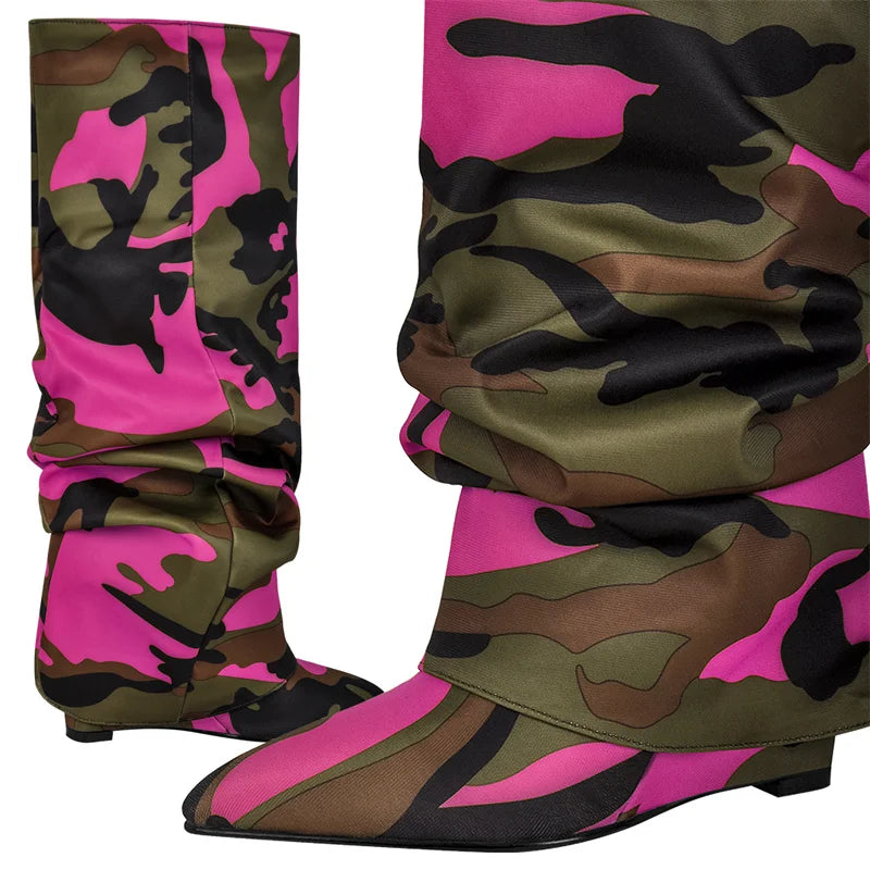 Onlymaker Woman Pointed Toe Knee Wedge High Heel Pleated  Fashion Big Size Camouflage Winter Boots
