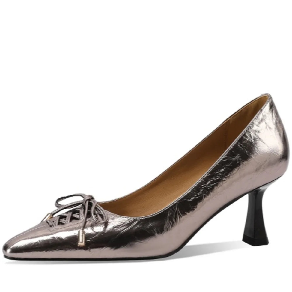 Lace Up Genuine Leather Pumps Slip On Shallow Stiletto Thin High Heel Runway Dress Pointy Toe Dress Shoes 33-43
