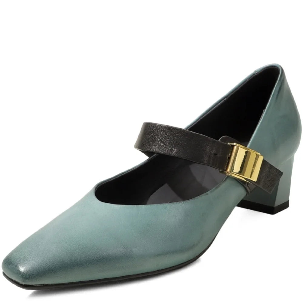 Handmade High Quality Genuine Leather Soft and comfortable Square Head Shallow Mouth Mid Heels Mary Janes Shoes