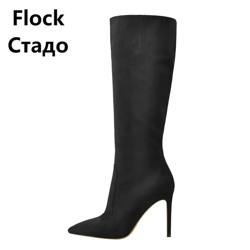Onlymaker Pointed Toe Knee High Boots Stiletto High Heels Soft PU Leather Flock Concise Side Zipper Big Size Fashion Boots