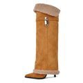 Onlymaker Women Pointed Toe Artificial Suede Lock Pull On Knee High Boots Thin Heel Wide Calf Stiletto Fold Over Boots