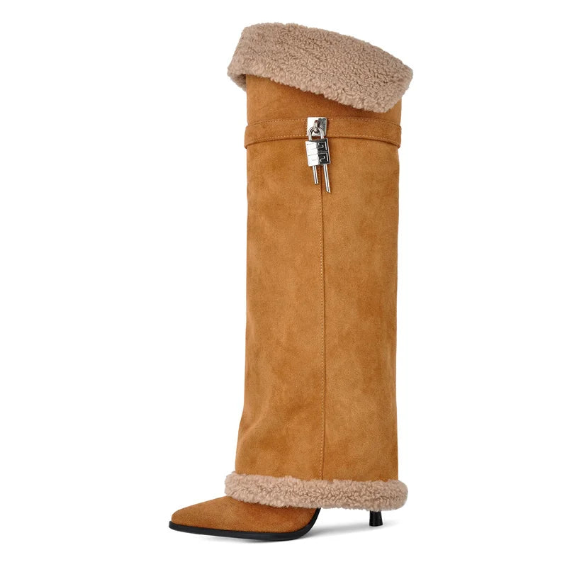 Onlymaker Women Pointed Toe Artificial Suede Lock Pull On Knee High Boots Thin Heel Wide Calf Stiletto Fold Over Boots