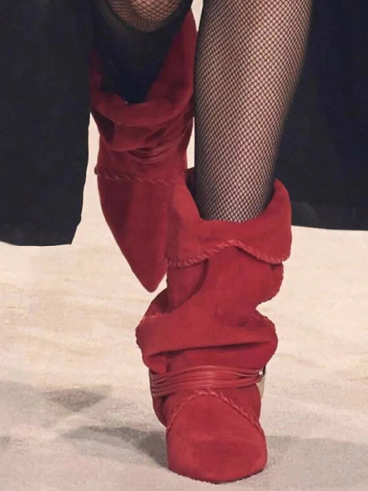 Women's Autumn and Winter New 5cm Slim Heel Fringed Calf Boots with Pointed Pleats, Women's Knight Boots, Mid Leg Boots