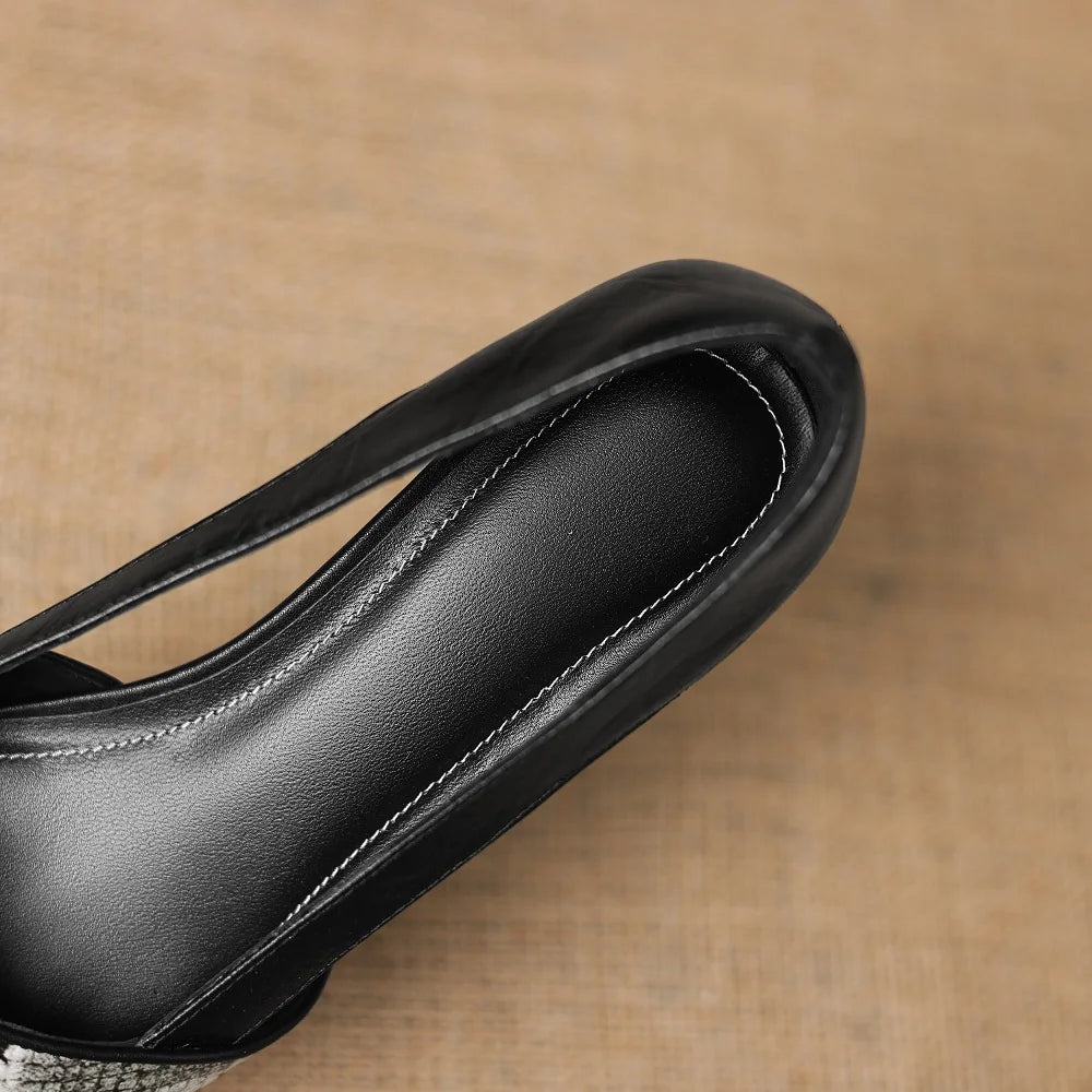 new women Handmade Genuine leather Soft and comfortable Serpentine stitching square toe Mid heel shoes 34-40