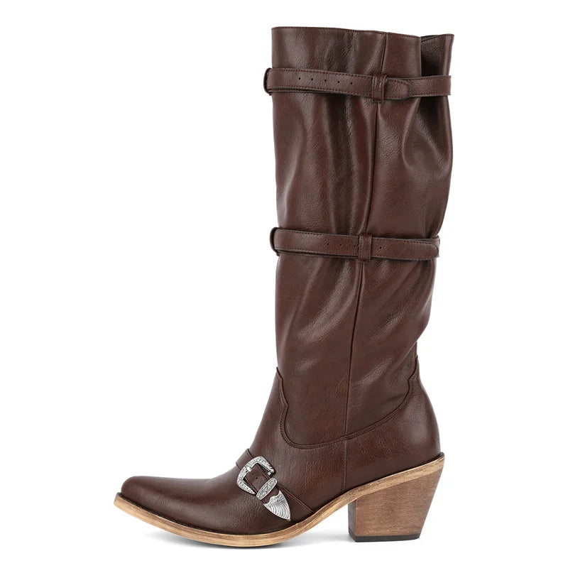 Onlymaker  Pointed Toe Women Western Cowgirl Boots Pull On Belt Buckle Knee High with Chunky Heel  Boots