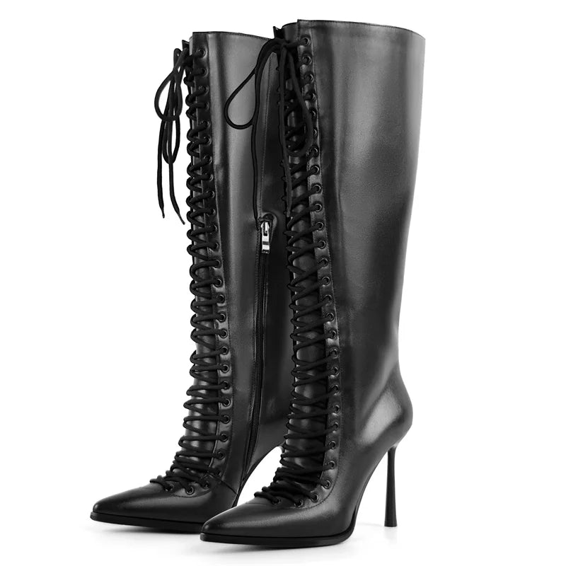 Onlymaker Pointed Toe Lace Up Faux Leather Knee-high Boots Thin Heel Side Zipper Fashion Elegant Boots